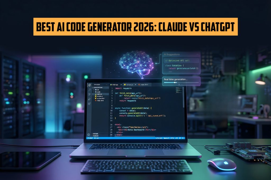 Best AI code generator 2026 showing Claude vs ChatGPT comparison with coding interface and AI-powered development environment